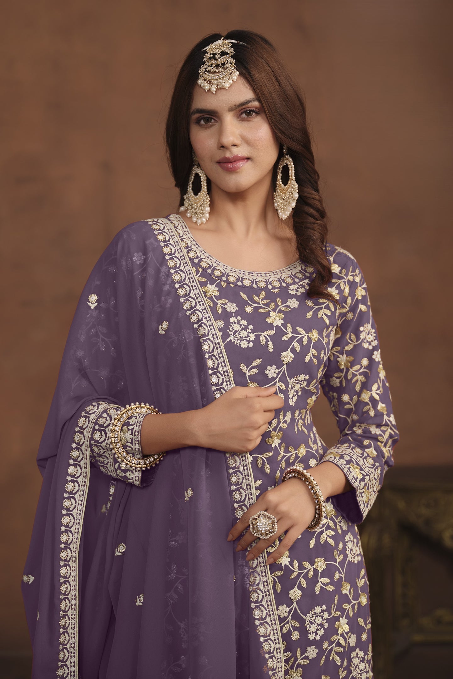 Purple Georgette Sharara Suit for Women with Thread and Sequins Embroidery