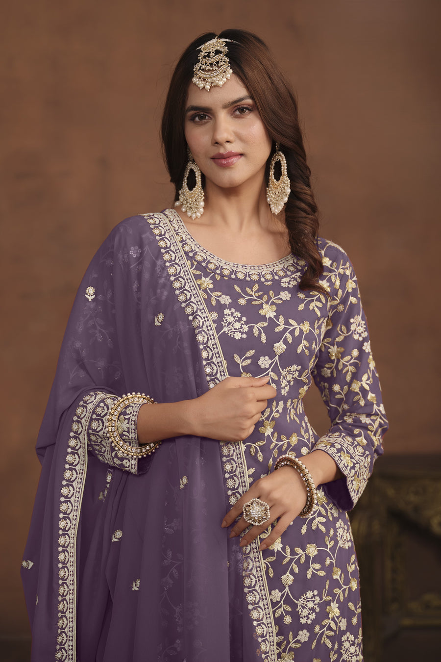 Purple Georgette Sharara Suit for Women with Thread and Sequins Embroidery
