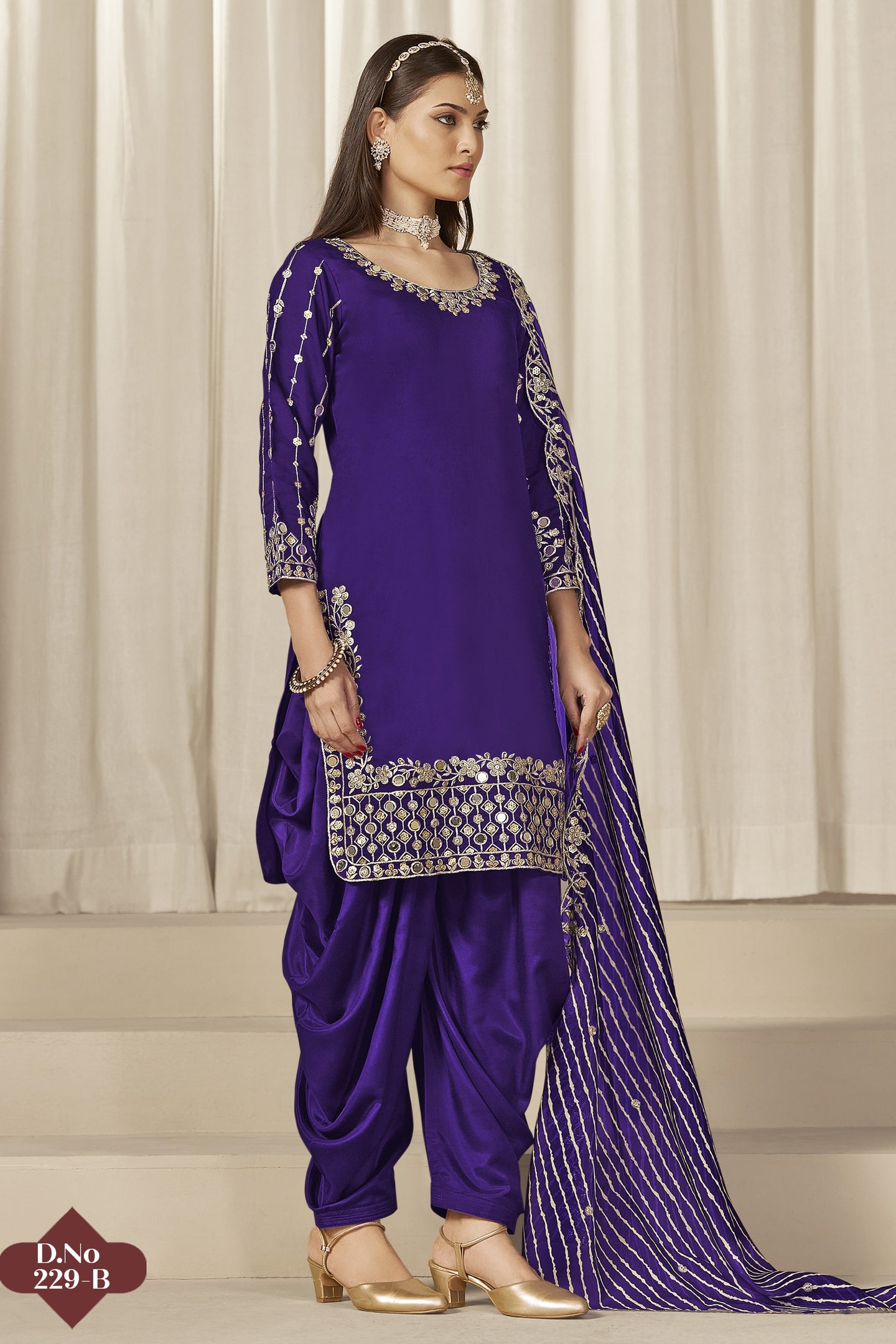 Purple Chinon Silk Salwar Kameez Wedding Guest Suit with Zari and Mirror Work