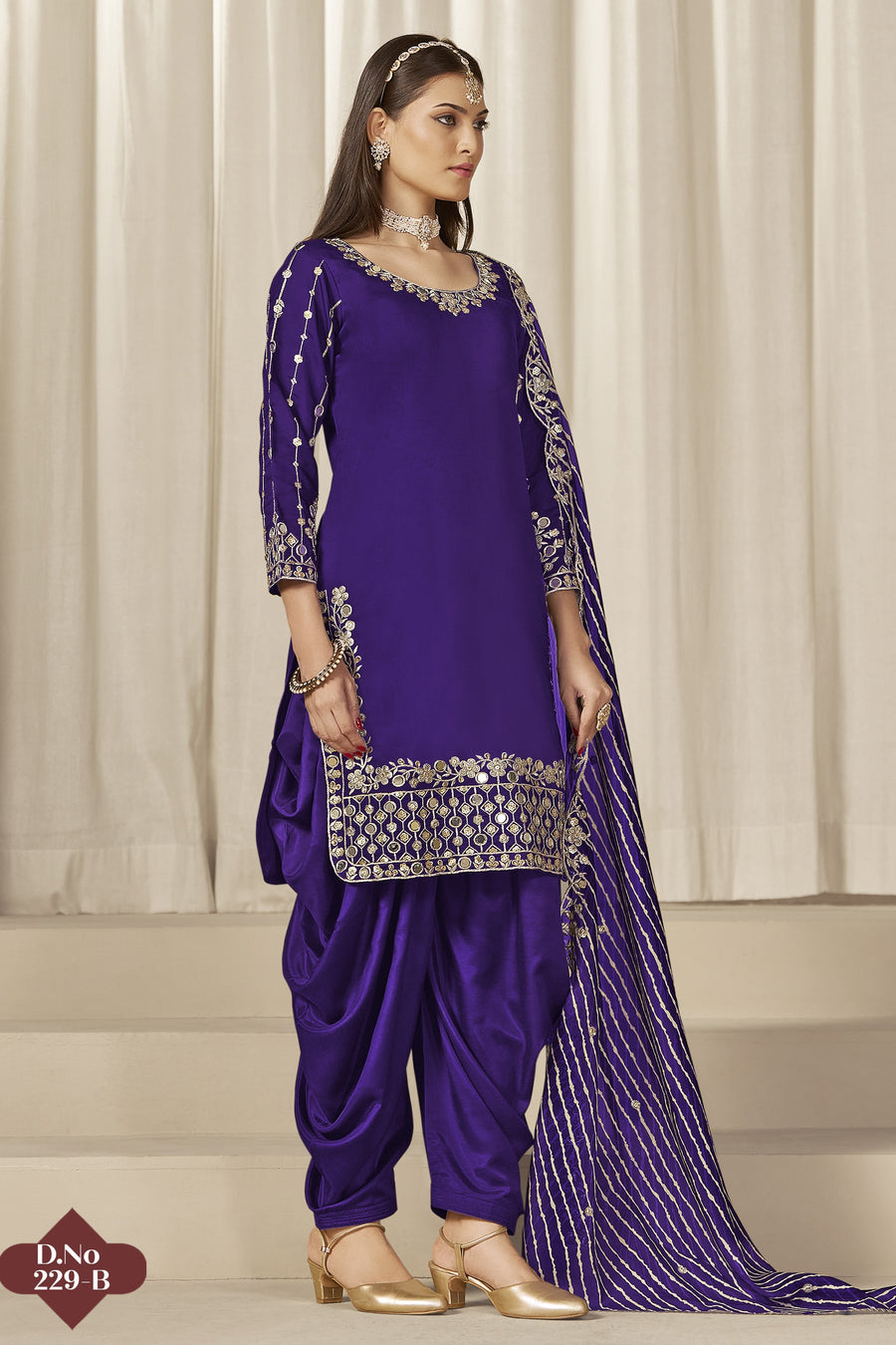 Purple Chinon Silk Salwar Kameez Wedding Guest Suit with Zari and Mirror Work