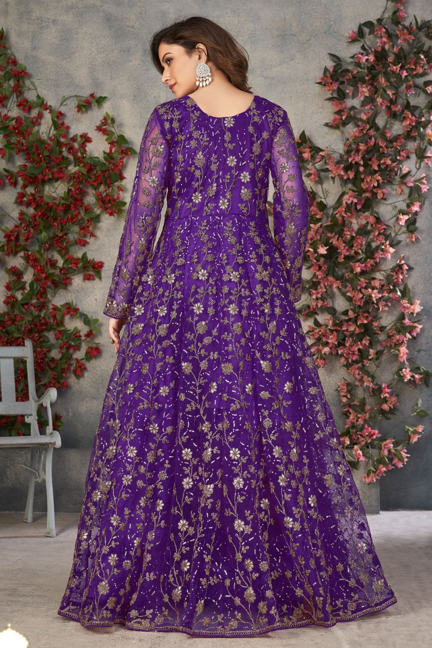 Purple Net Anarkali Dress for Women with Thread and Sequins Embroidery