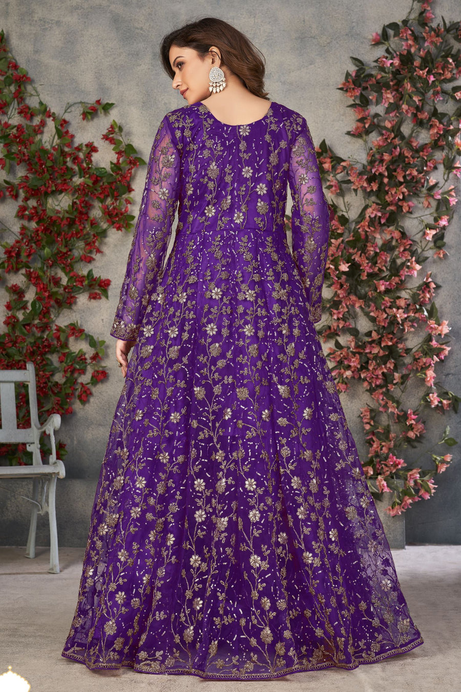 Purple Net Anarkali Dress for Women with Thread and Sequins Embroidery