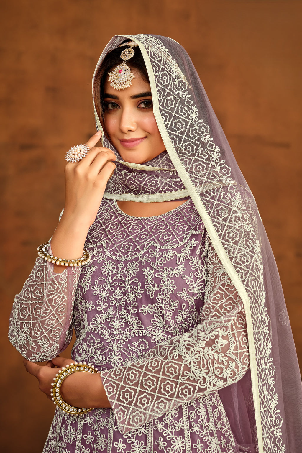 Purple Net Thread Work Anarkali Dress for Reception