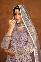 Purple Net Thread Work Anarkali Dress for Reception