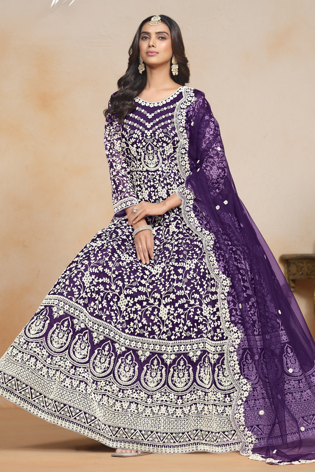 Purple Net Dori Work Anarkali for Wedding Function