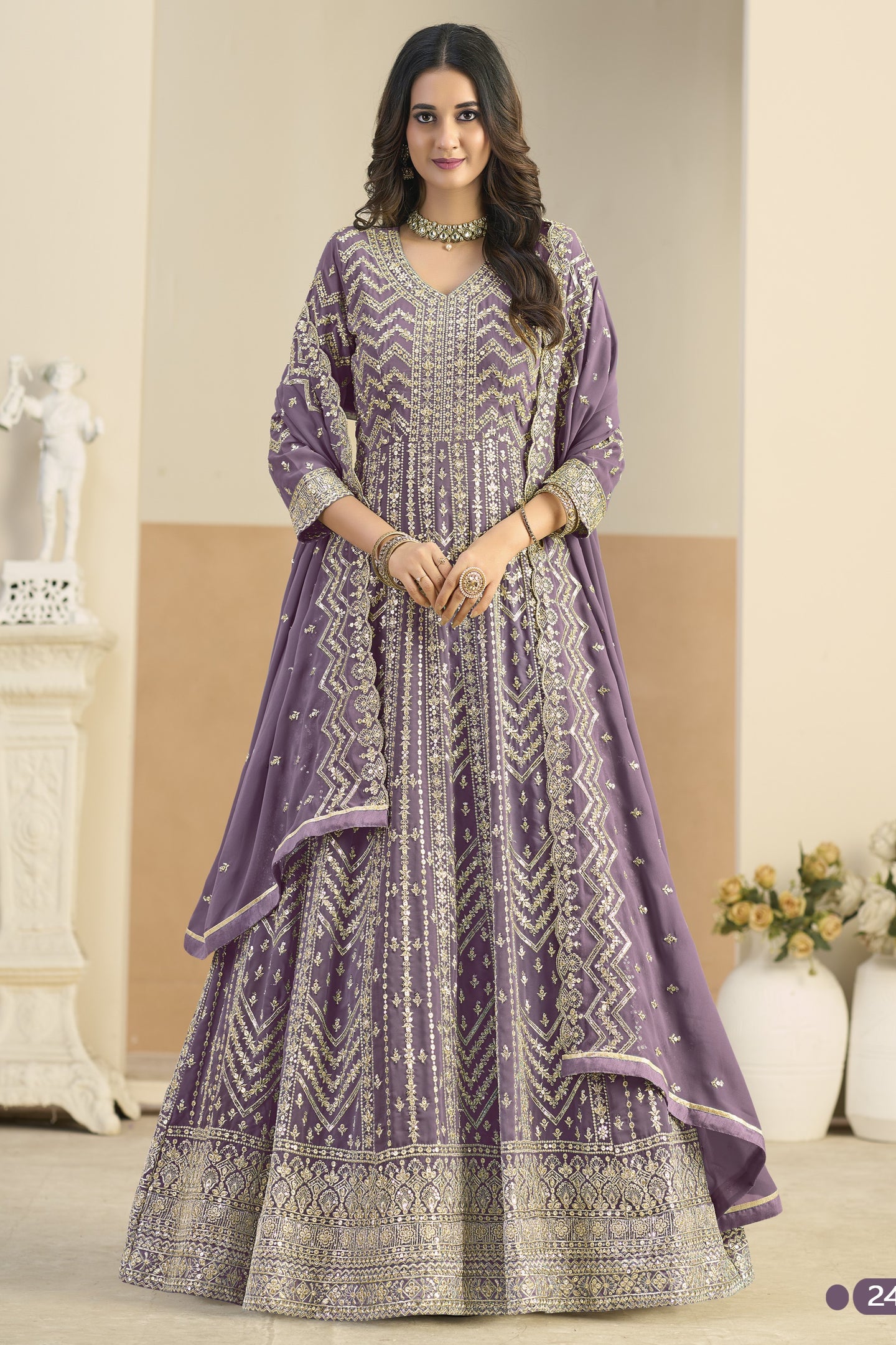 Purple Georgette Anarkali Dress for Wedding with Embroidery Work