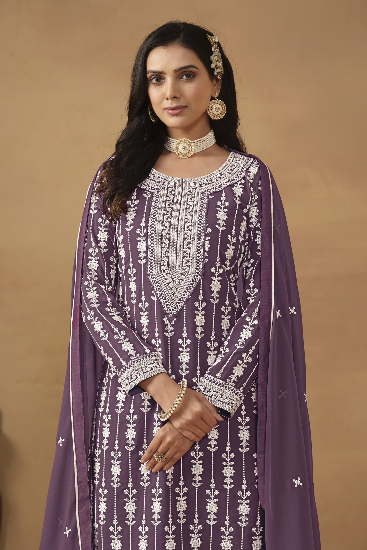 Purple Georgette Thread Embroidery Pakistani Sharara Suits for Wedding