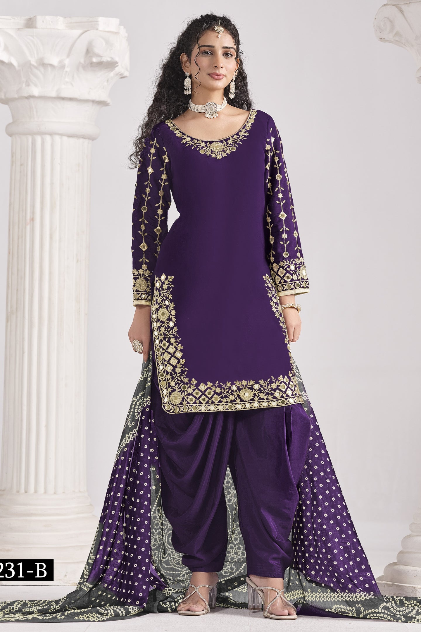Purple Chinon Silk Wedding Salwar Kameez with Zari and Mirror Work