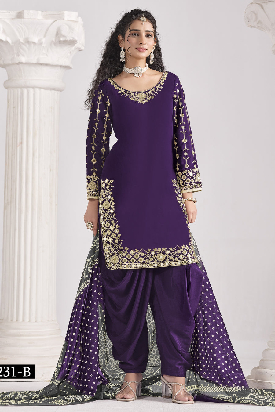 Purple Chinon Silk Wedding Salwar Kameez with Zari and Mirror Work