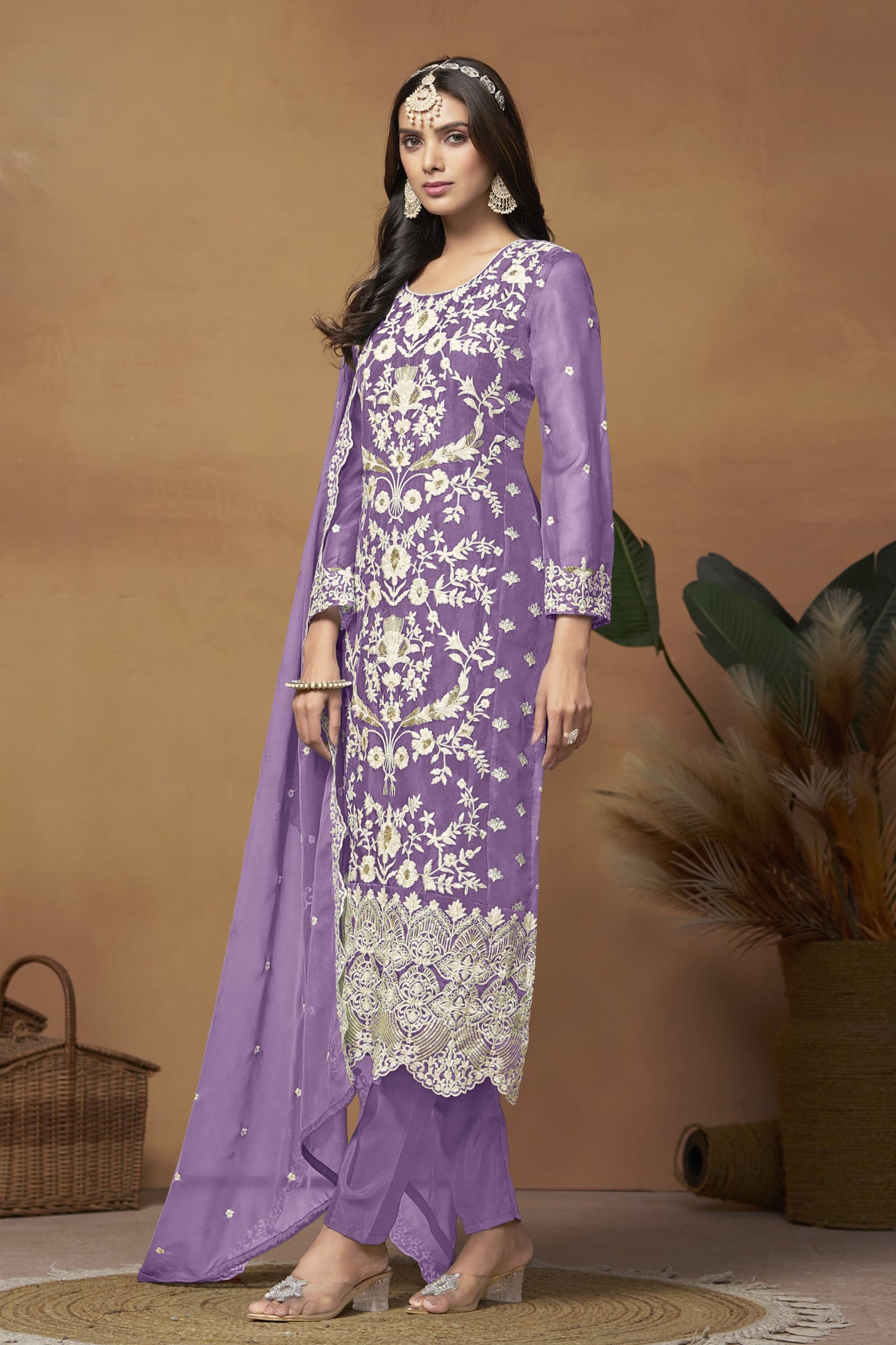 Purple Organza Embroidered Pant Style Suit with Sequins