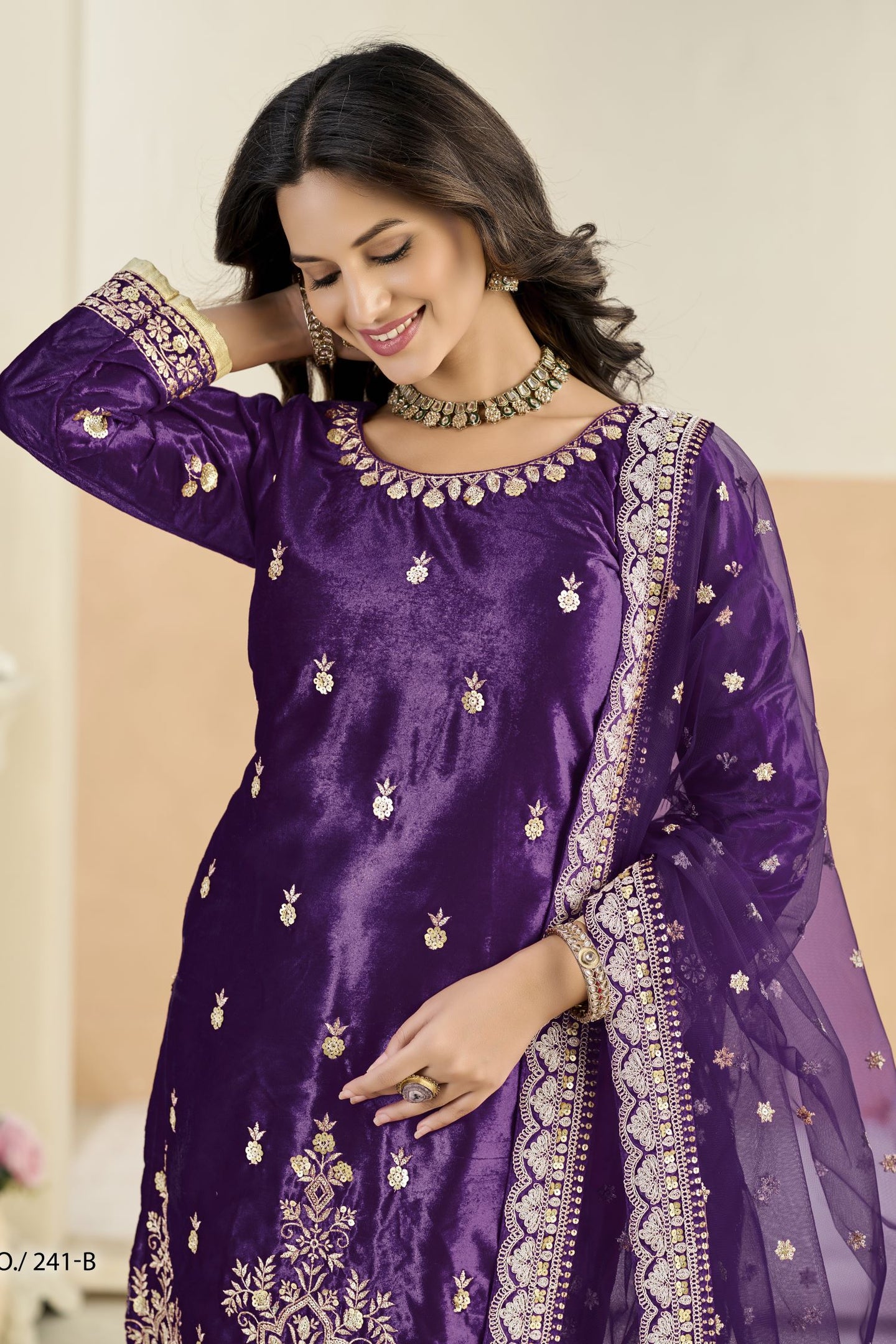 Purple Velvet Suit Women with Zari Work & Sequins Embroidery