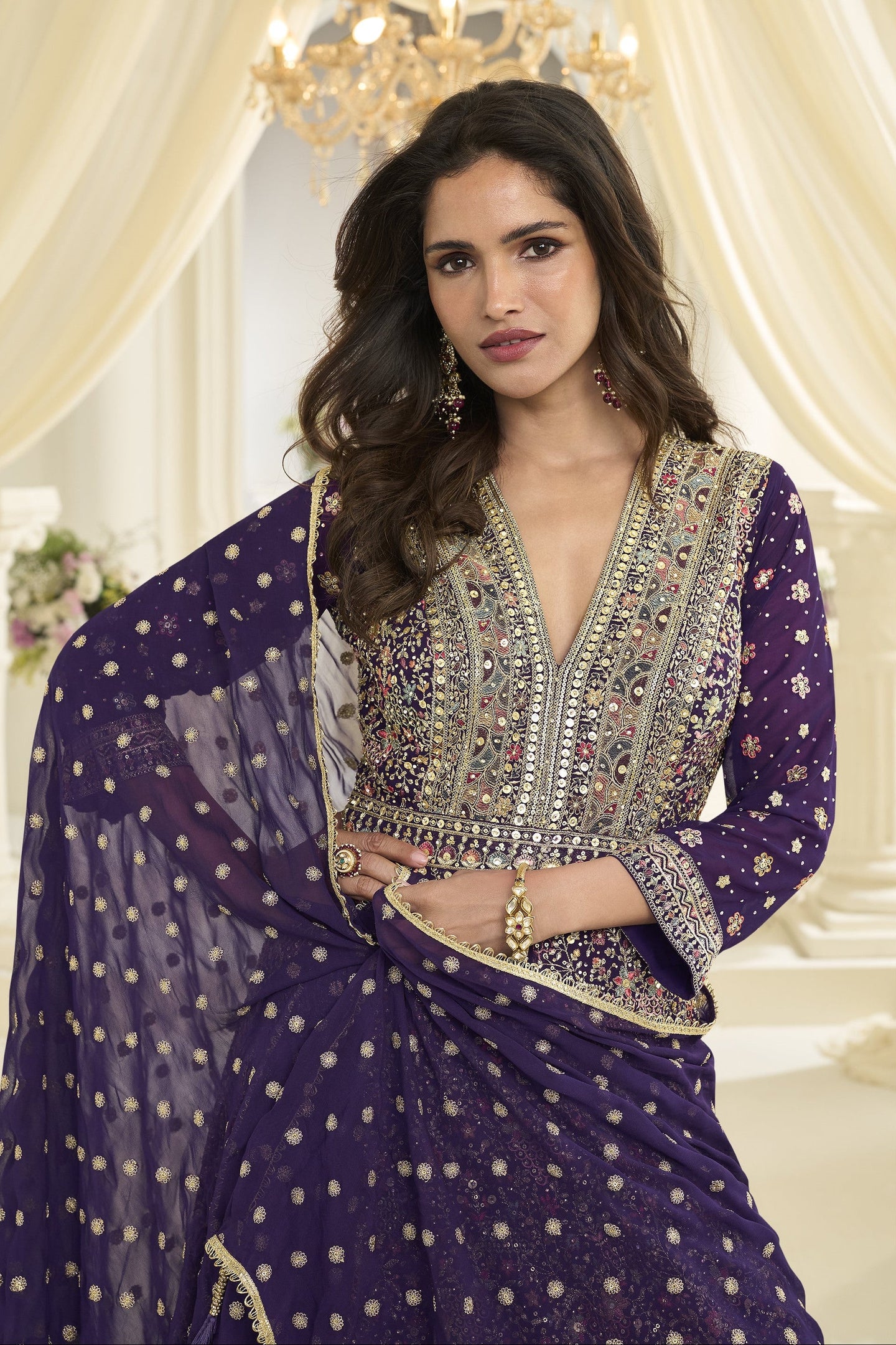 Purple Georgette Anarkali Dress for Sangeet with Zari and Resham Work