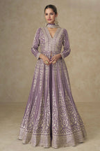Purple Chinon Silk Anarkali Suit With Palazzo For Indian & Pakistani Wedding Festival - Sequins & Thread Embroidery Work