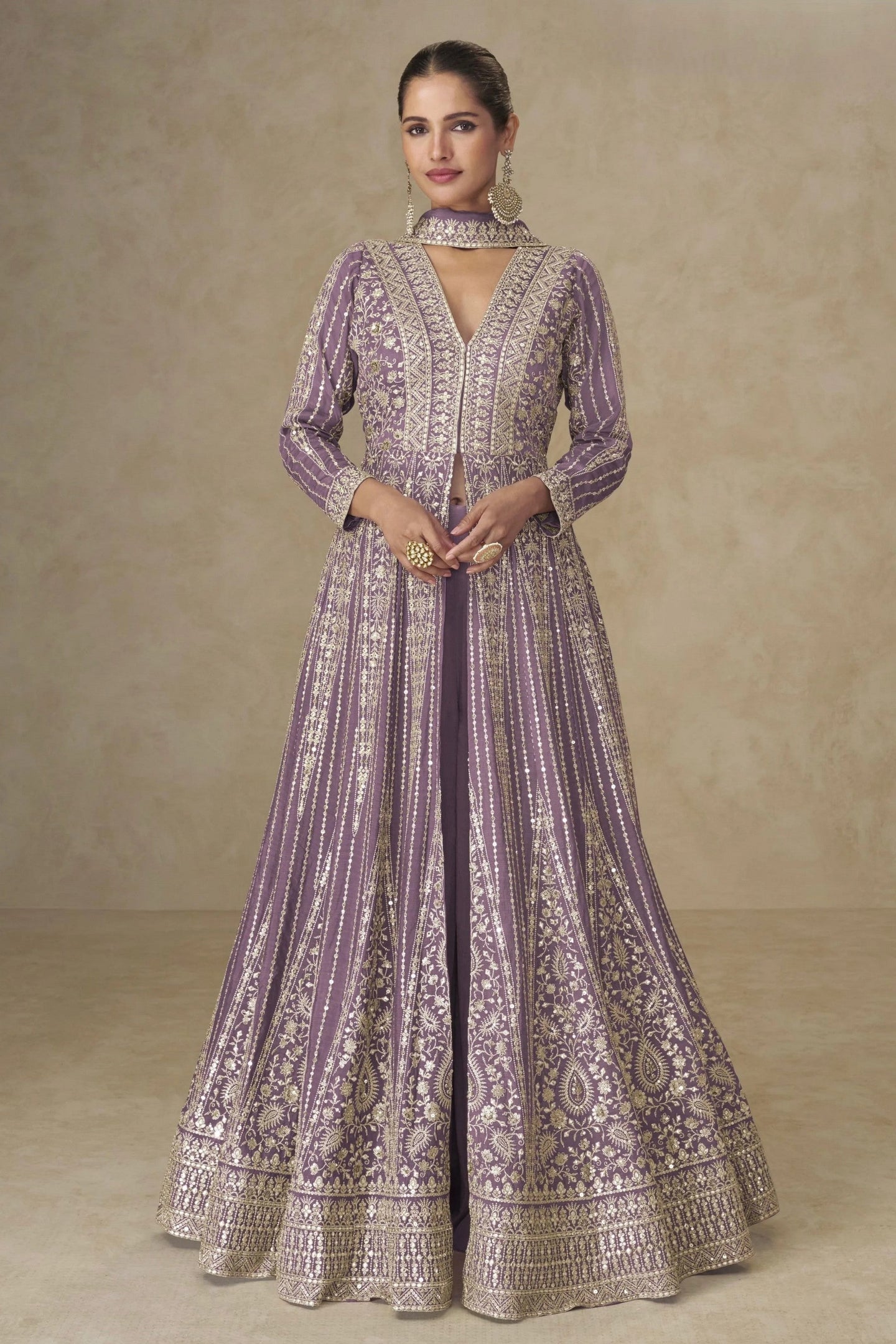 Purple Chinon Silk Anarkali Suit With Palazzo For Indian & Pakistani Wedding Festival - Sequins & Thread Embroidery Work