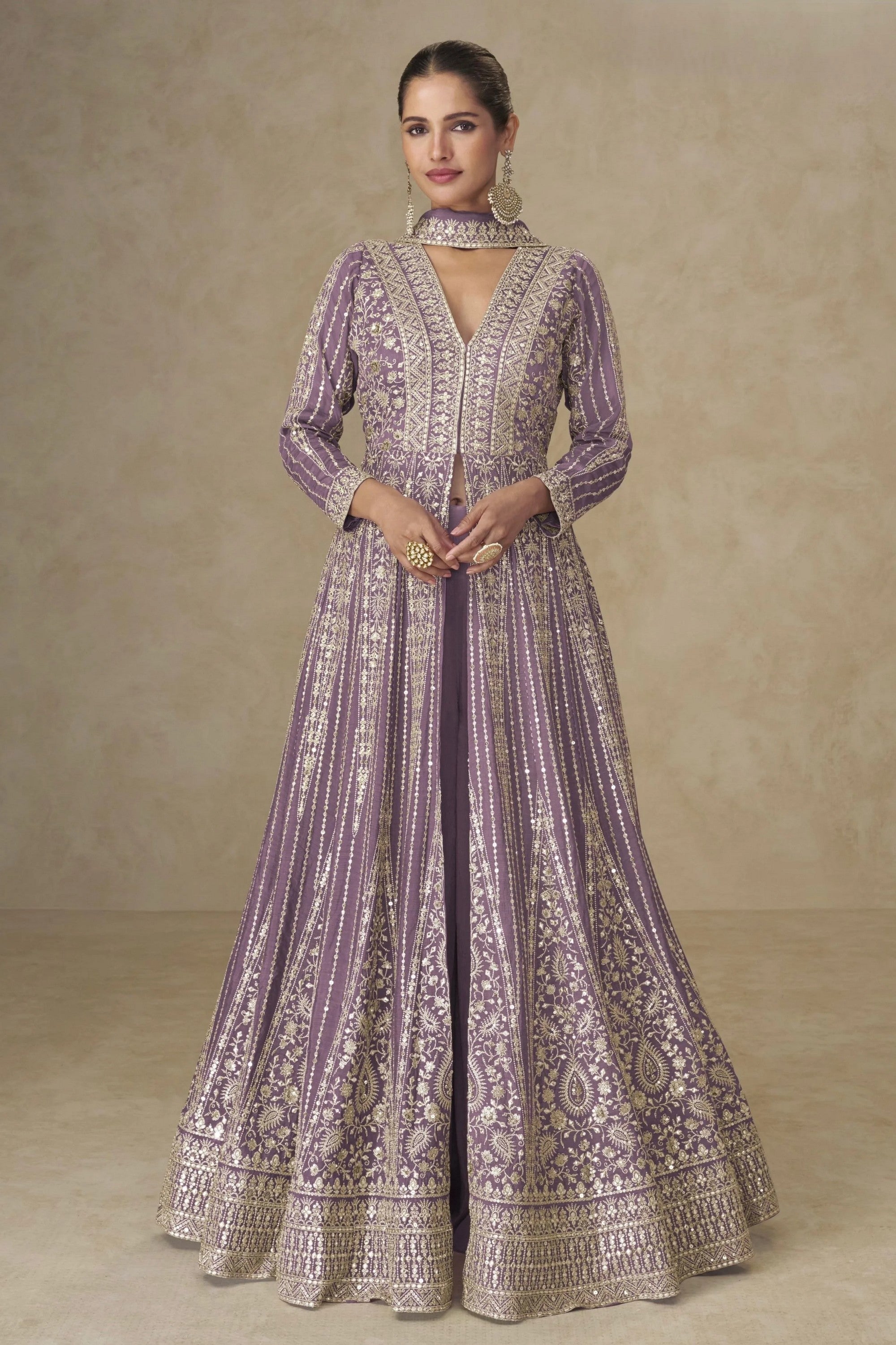 Purple Chinon Silk Anarkali Suit With Palazzo For Indian & Pakistani Wedding Festival - Sequins & Thread Embroidery Work