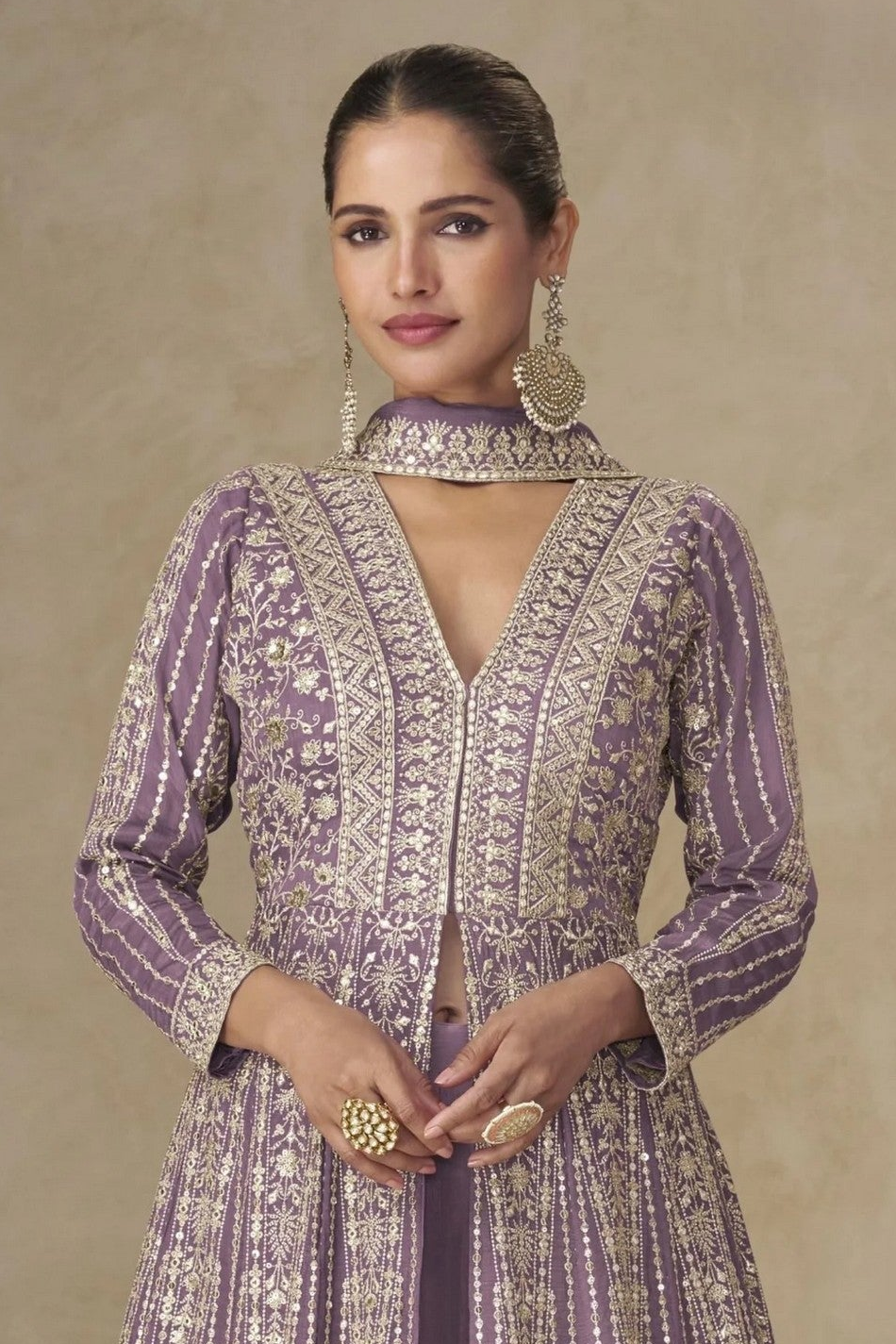Purple Chinon Silk Anarkali Suit With Palazzo For Indian & Pakistani Wedding Festival - Sequins & Thread Embroidery Work