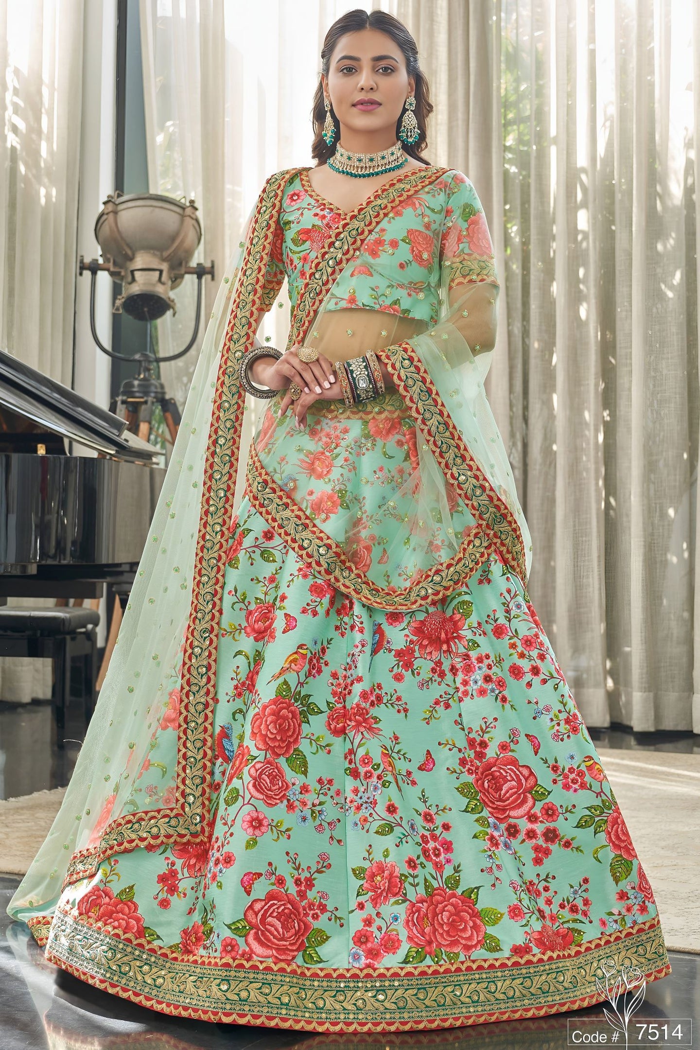 Rama Art Silk Floral Lehenga Choli for Wedding Reception with Sequins and Stone Work