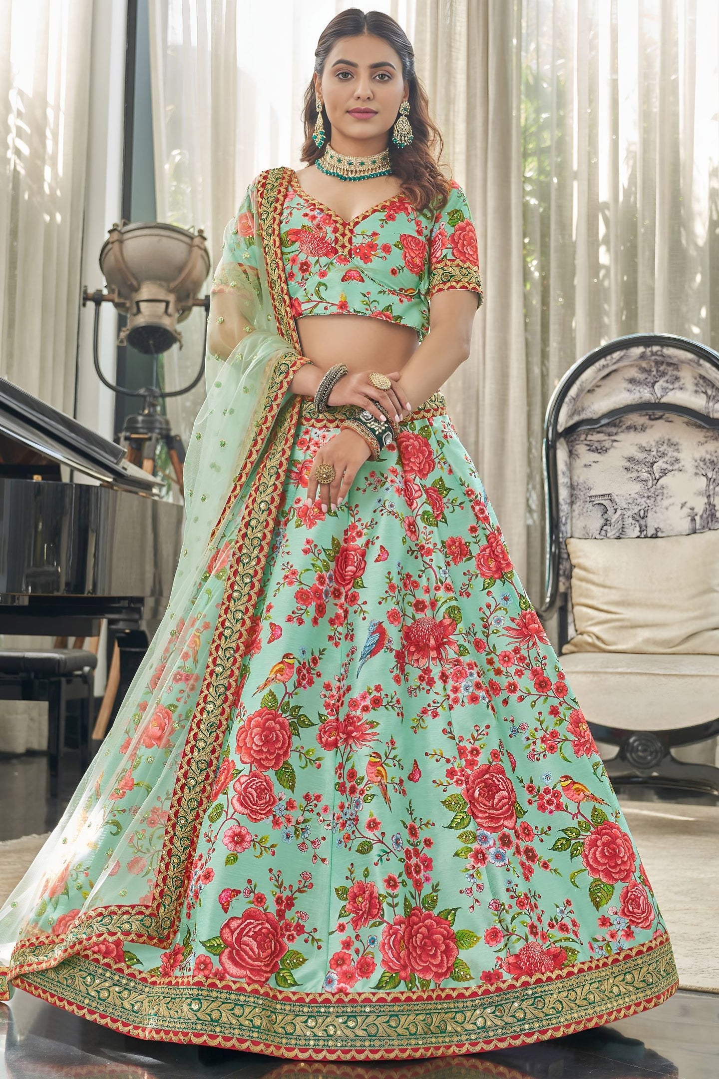 Rama Art Silk Floral Lehenga Choli for Wedding Reception with Sequins and Stone Work