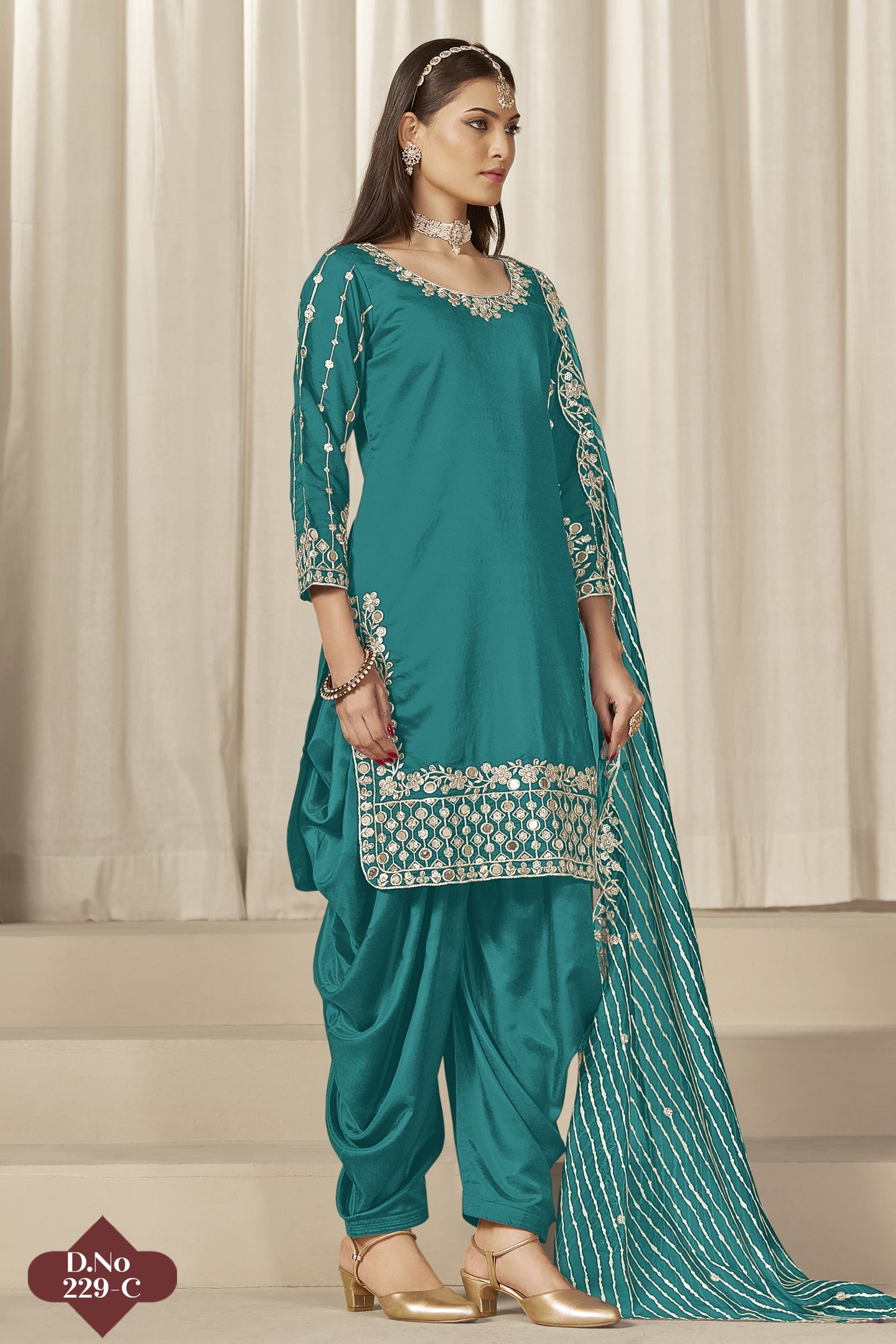 Rama Chinon Silk Salwar Kameez Wedding Guest Suit with Zari and Mirror Work