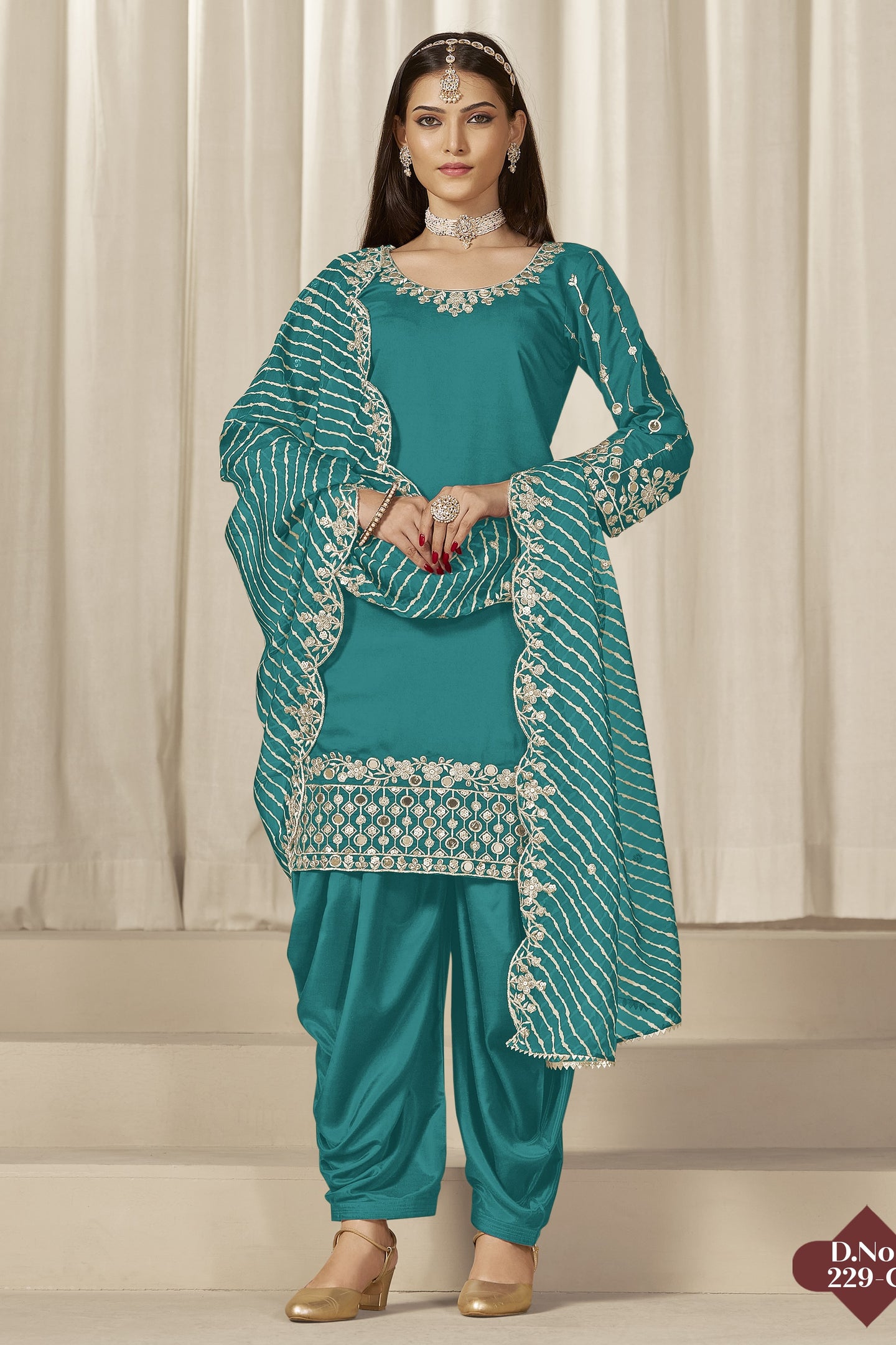 Rama Chinon Silk Salwar Kameez Wedding Guest Suit with Zari and Mirror Work