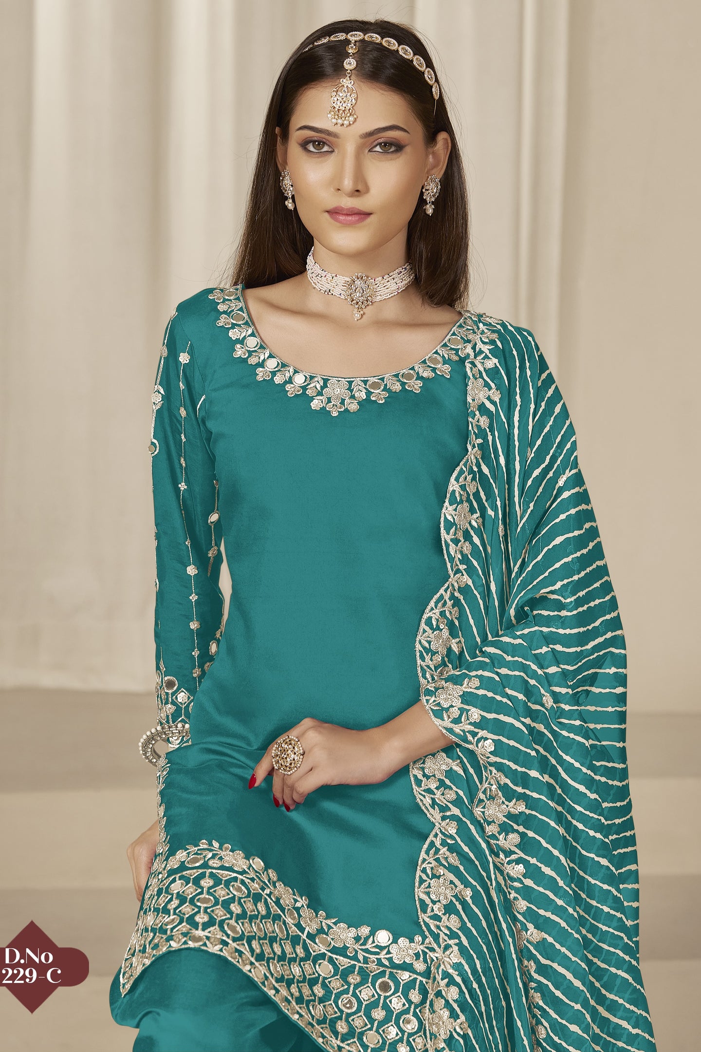 Rama Chinon Silk Salwar Kameez Wedding Guest Suit with Zari and Mirror Work