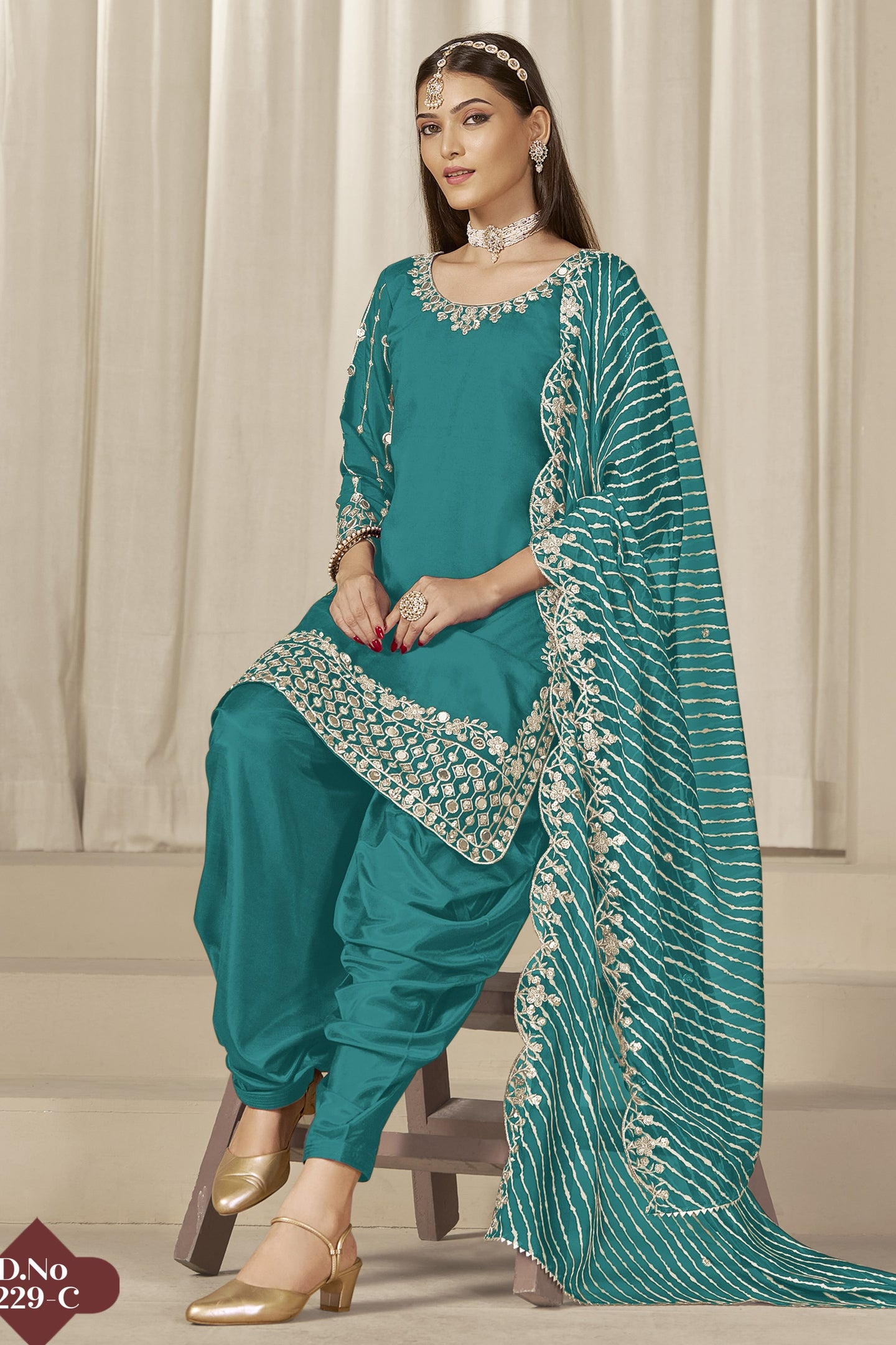 Rama Chinon Silk Salwar Kameez Wedding Guest Suit with Zari and Mirror Work