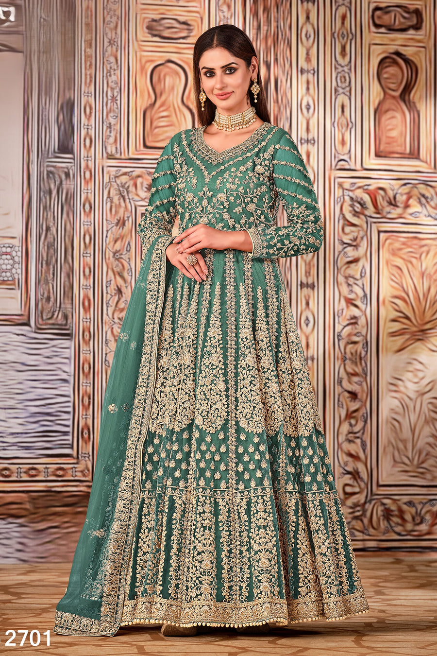 Rama Green Art Silk Pakistani Anarkali Dress with Sequins Embroidery
