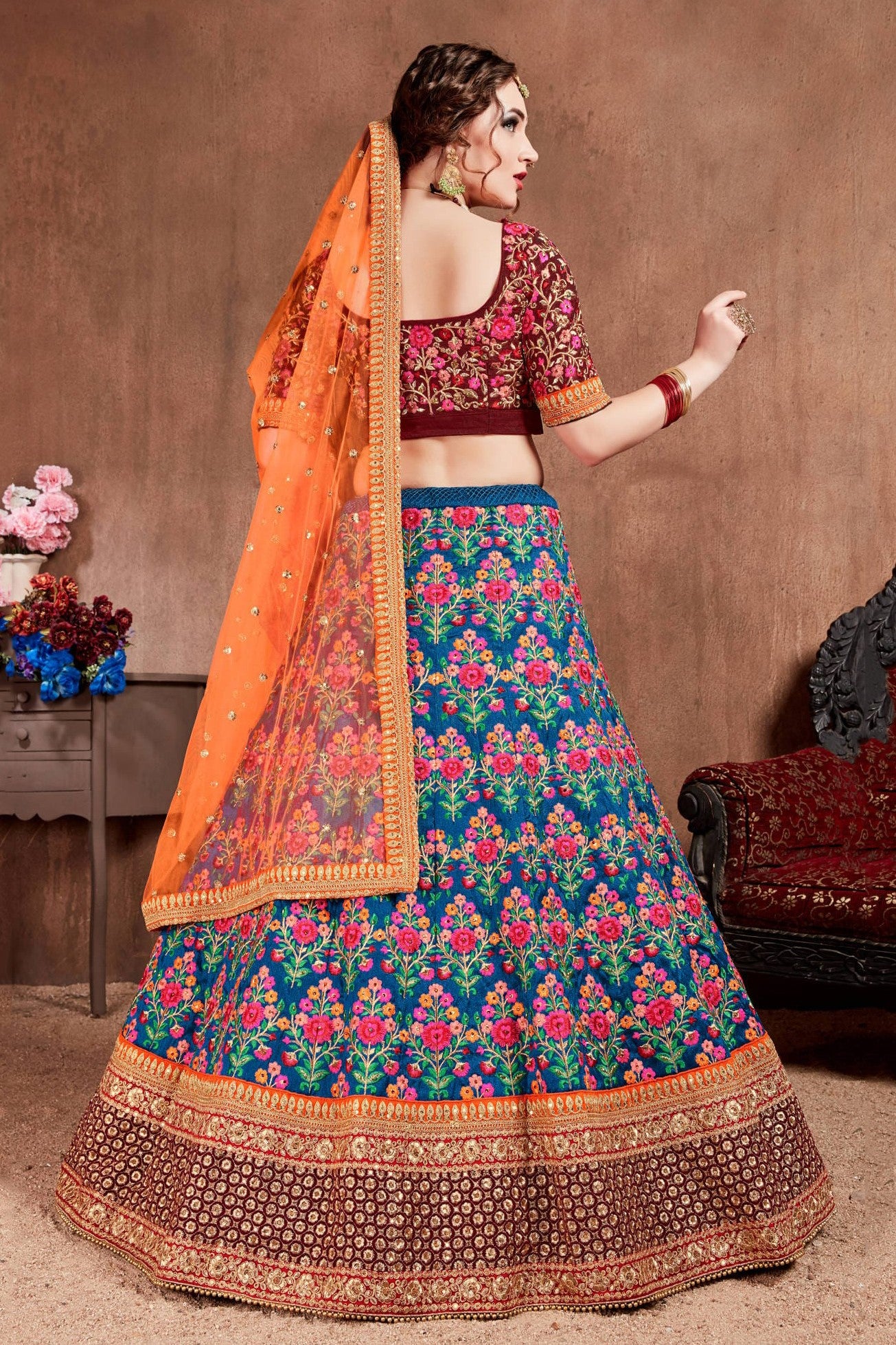 Rama Mulberry Silk Chaniya Choli with Dori and Zari Work