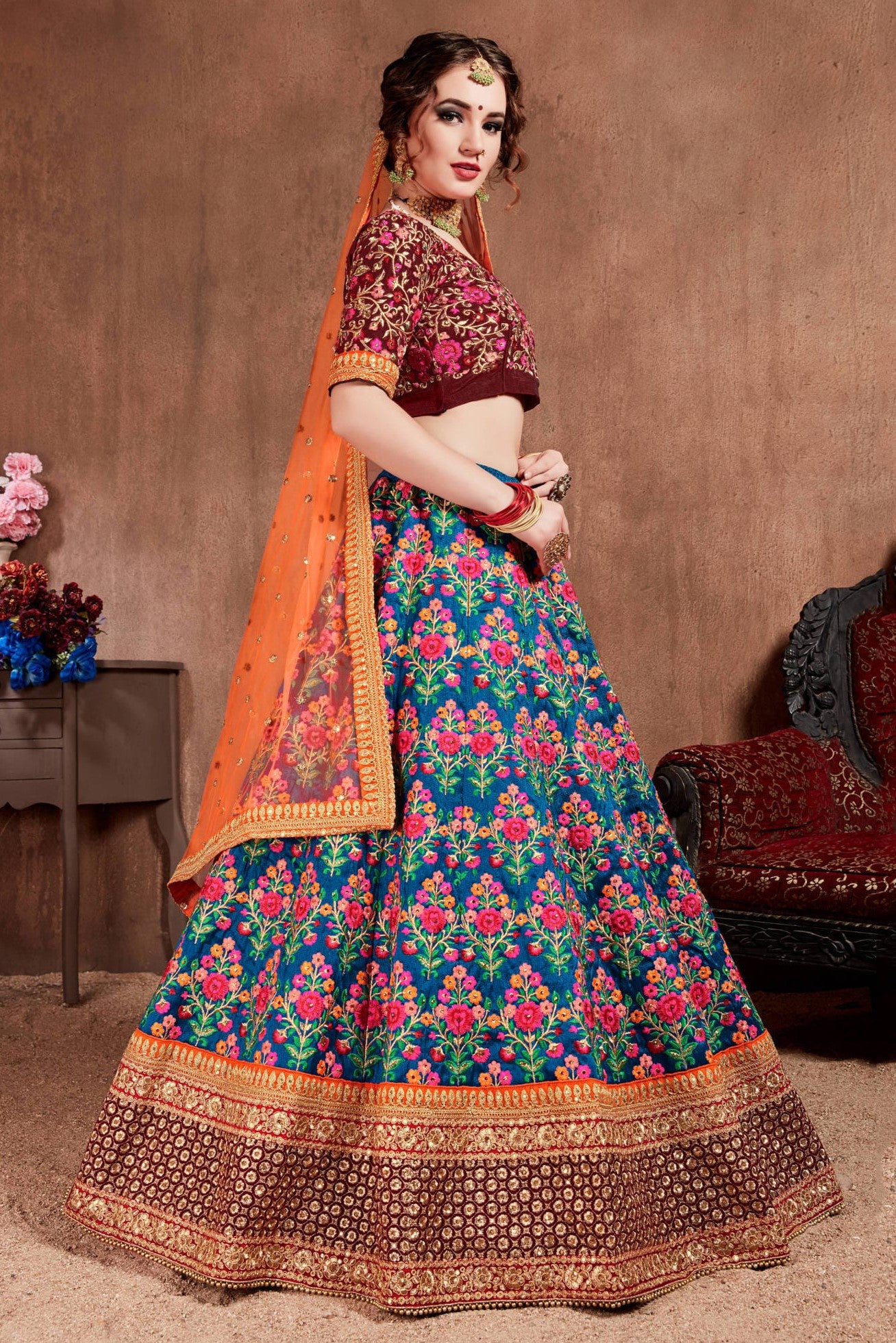 Rama Mulberry Silk Chaniya Choli with Dori and Zari Work