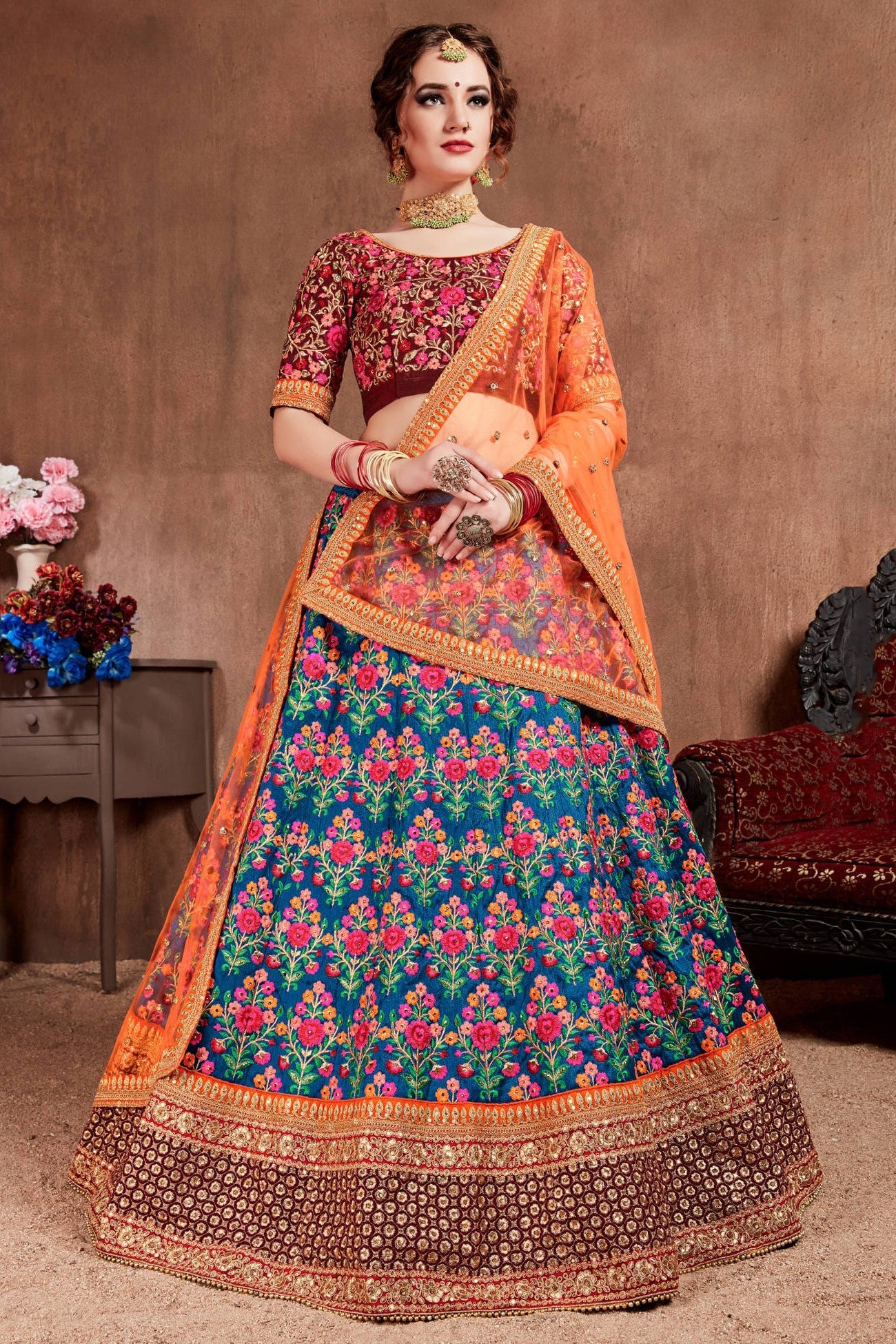 Rama Mulberry Silk Chaniya Choli with Dori and Zari Work