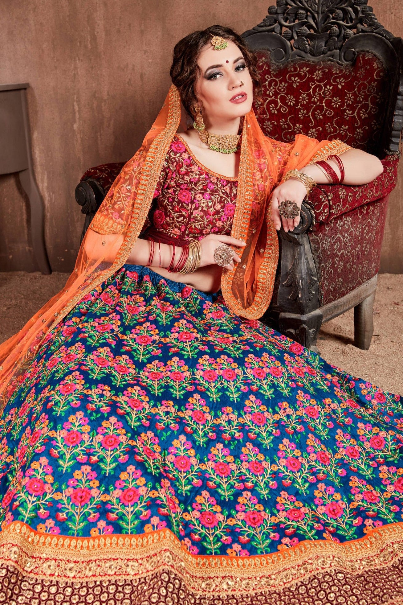 Rama Mulberry Silk Chaniya Choli with Dori and Zari Work