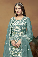 Rama Organza Embroidered Pant Style Suit with Thread and Sequins Work