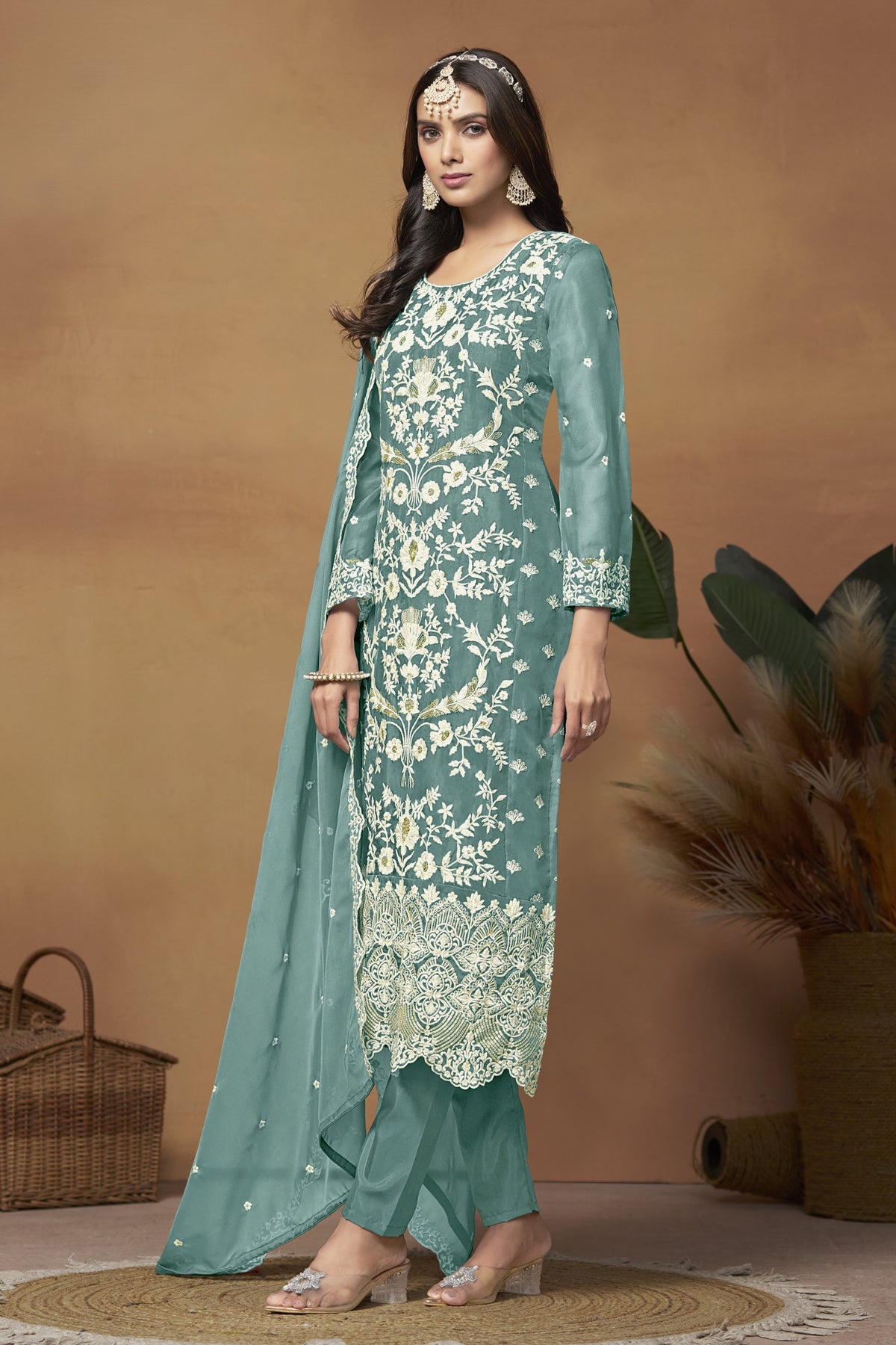 Rama Organza Embroidered Pant Style Suit with Thread and Sequins Work