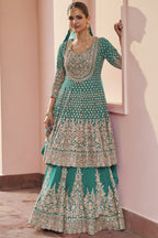 Rama Green Pakistani Dress Georgette Kameez Skirt Dori Stone Work