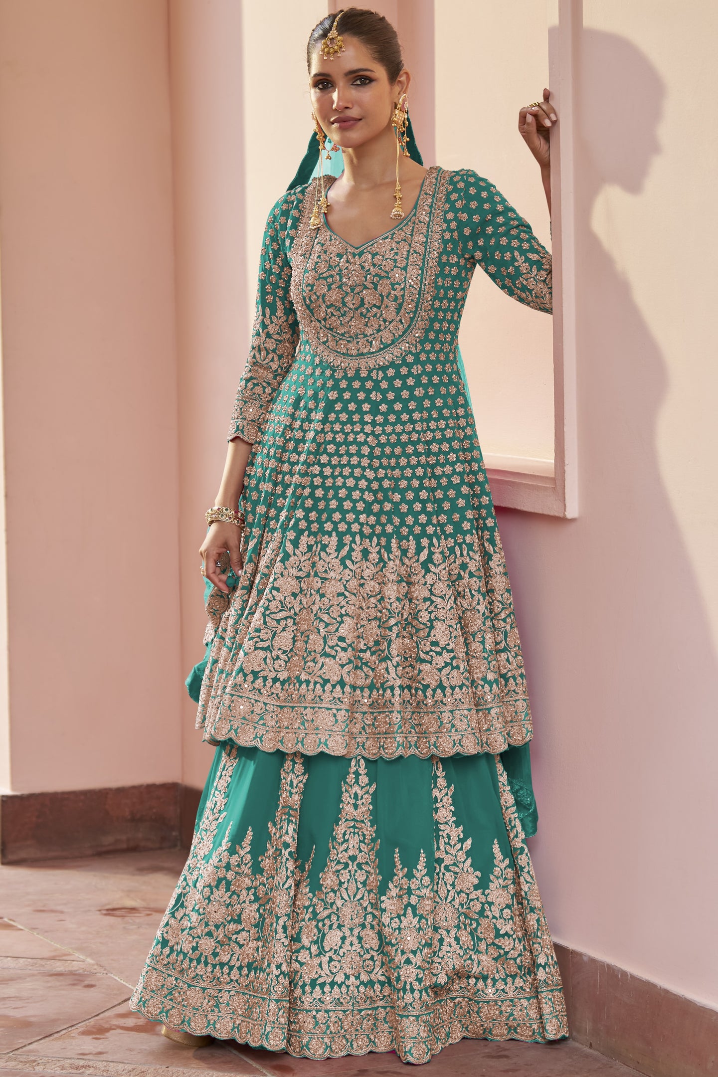 Rama Green Pakistani Dress Georgette Kameez Skirt Dori Stone Work