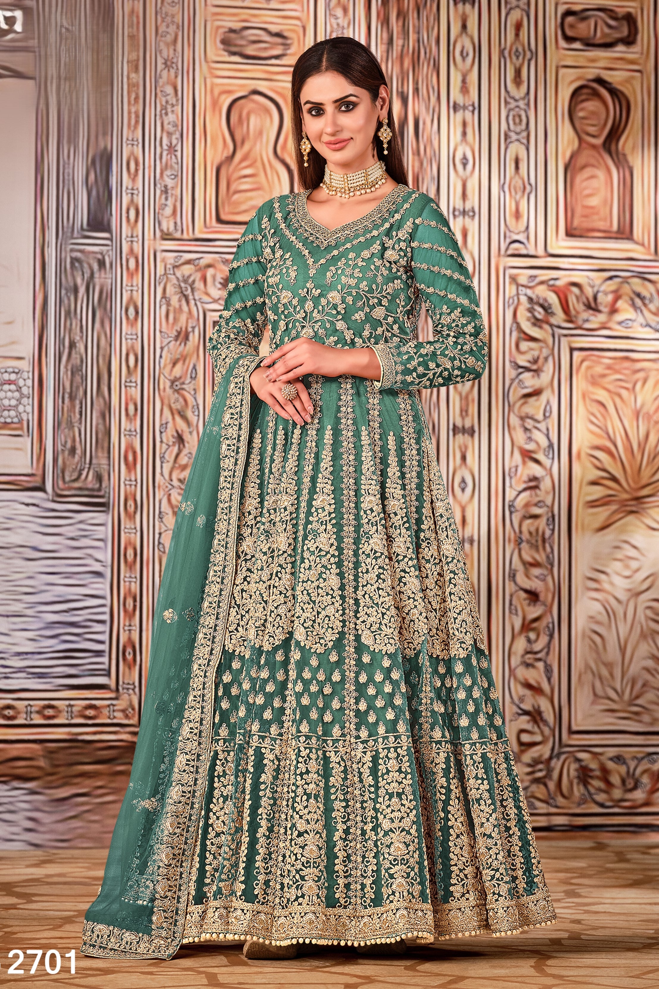 Rama Green Art Silk Pakistani Anarkali Dress with Sequins Embroidery