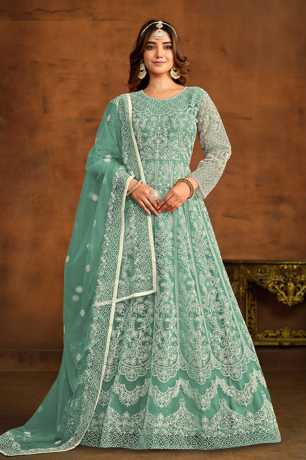 Rama Green Net Anarkali Dress for Reception with Thread Embroidery Work