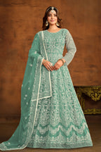 Rama Green Net Anarkali Dress for Reception with Thread Embroidery Work