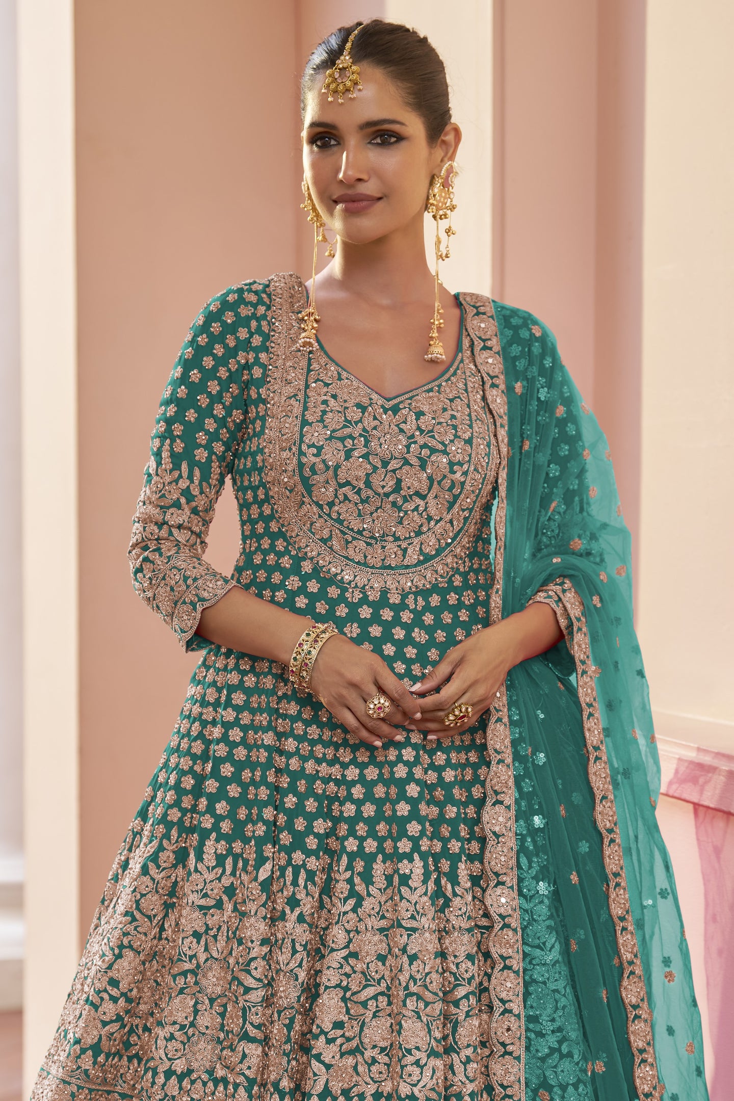 Rama Green Pakistani Dress Georgette Kameez Skirt Dori Stone Work