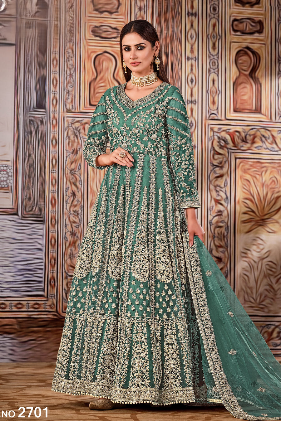 Rama Green Art Silk Pakistani Anarkali Dress with Sequins Embroidery