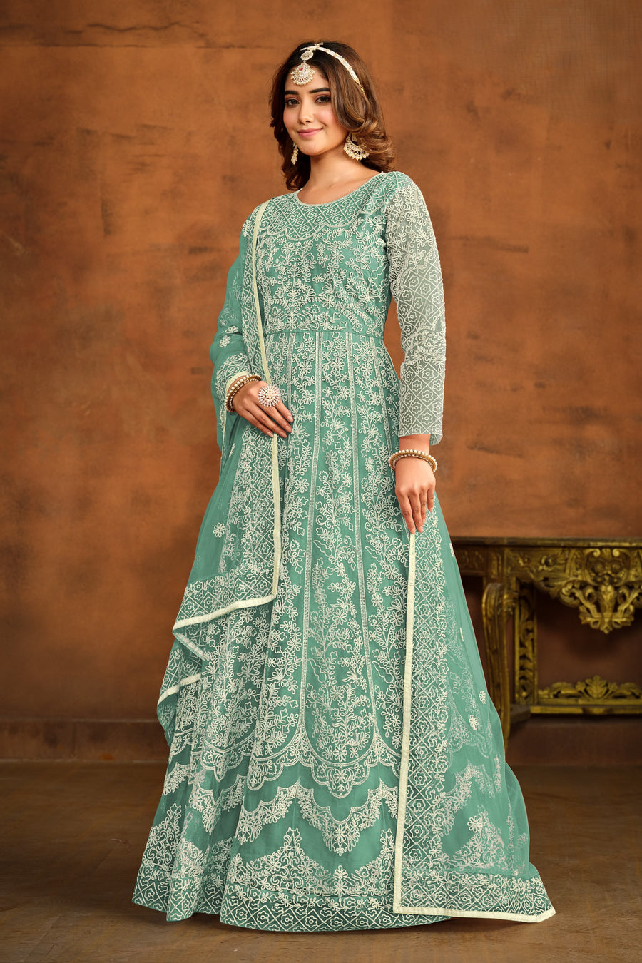 Rama Green Net Anarkali Dress for Reception with Thread Embroidery Work