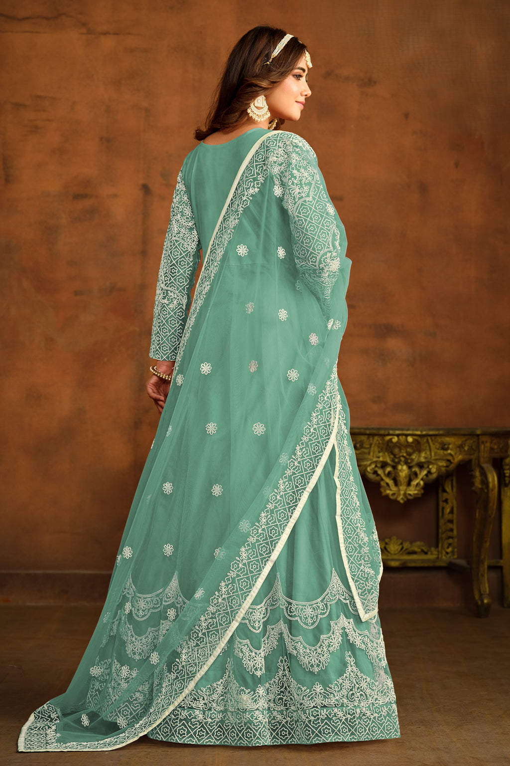 Rama Green Net Anarkali Dress for Reception with Thread Embroidery Work
