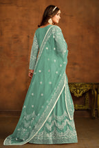 Rama Green Net Anarkali Dress for Reception with Thread Embroidery Work