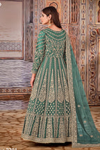 Rama Green Art Silk Pakistani Anarkali Dress with Sequins Embroidery