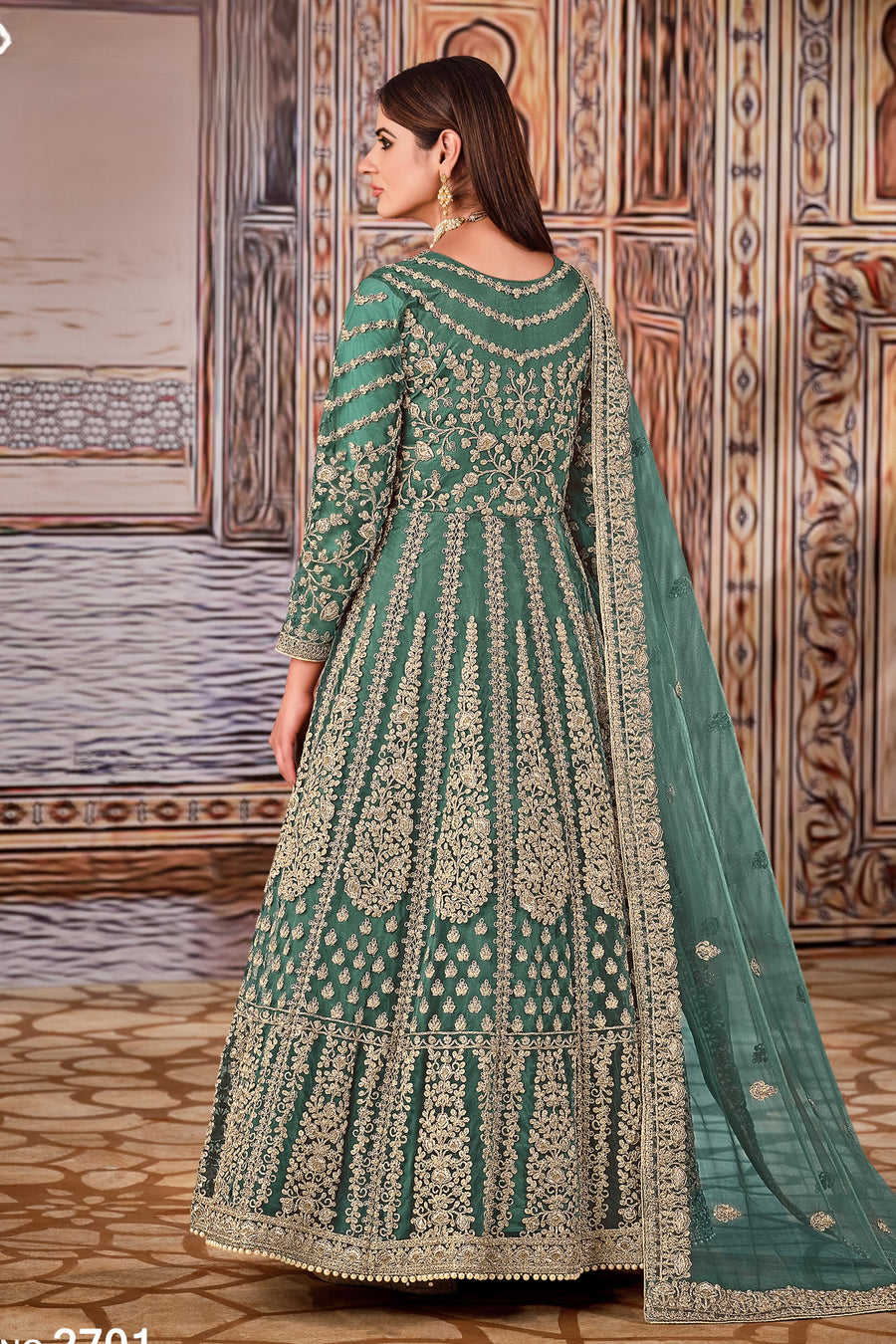 Rama Green Art Silk Pakistani Anarkali Dress with Sequins Embroidery