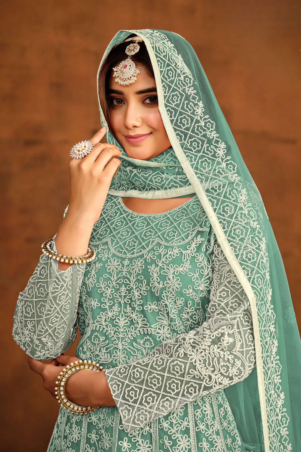 Rama Green Net Anarkali Dress for Reception with Thread Embroidery Work