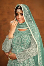 Rama Green Net Anarkali Dress for Reception with Thread Embroidery Work