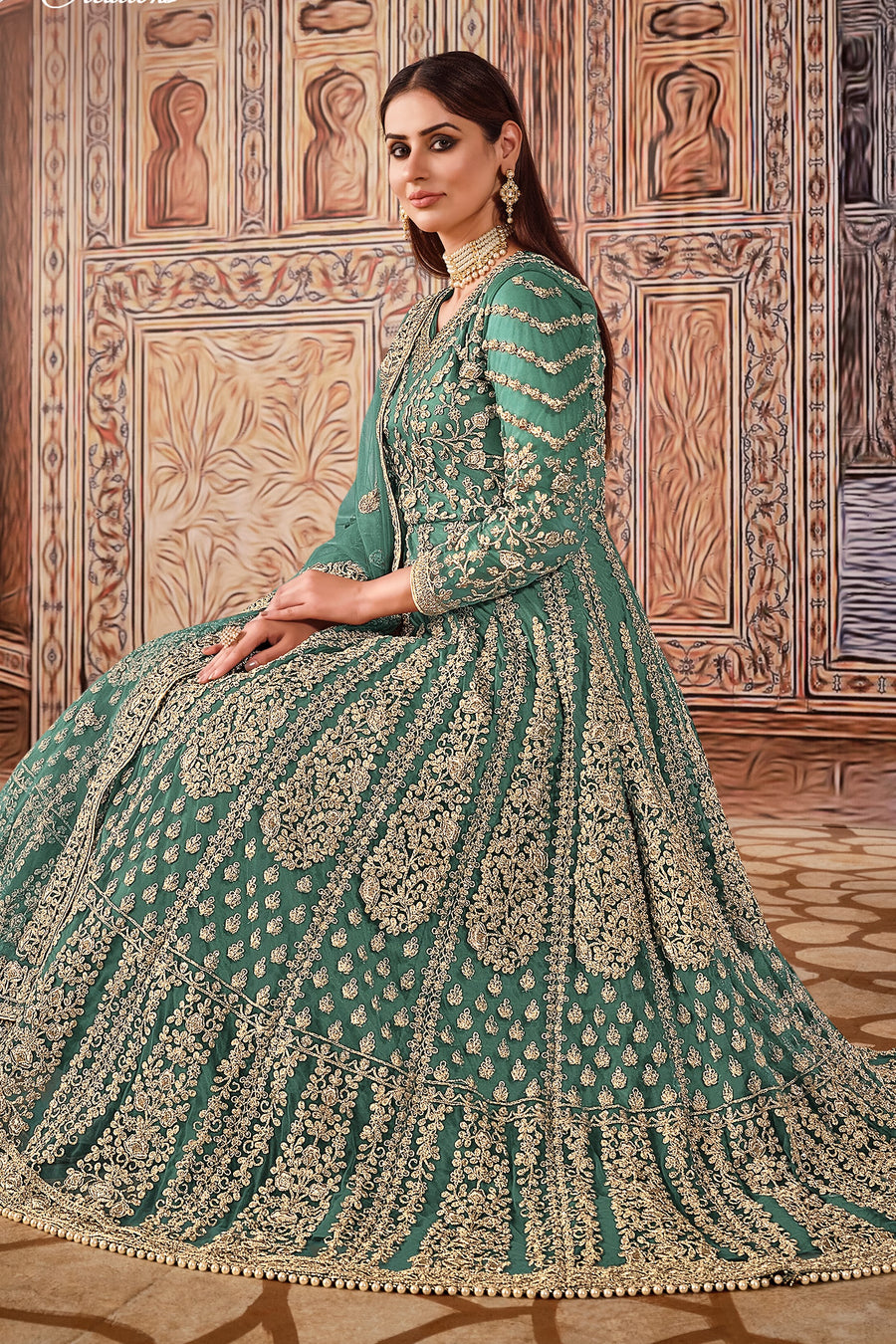 Rama Green Art Silk Pakistani Anarkali Dress with Sequins Embroidery