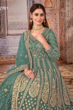 Rama Green Art Silk Pakistani Anarkali Dress with Sequins Embroidery