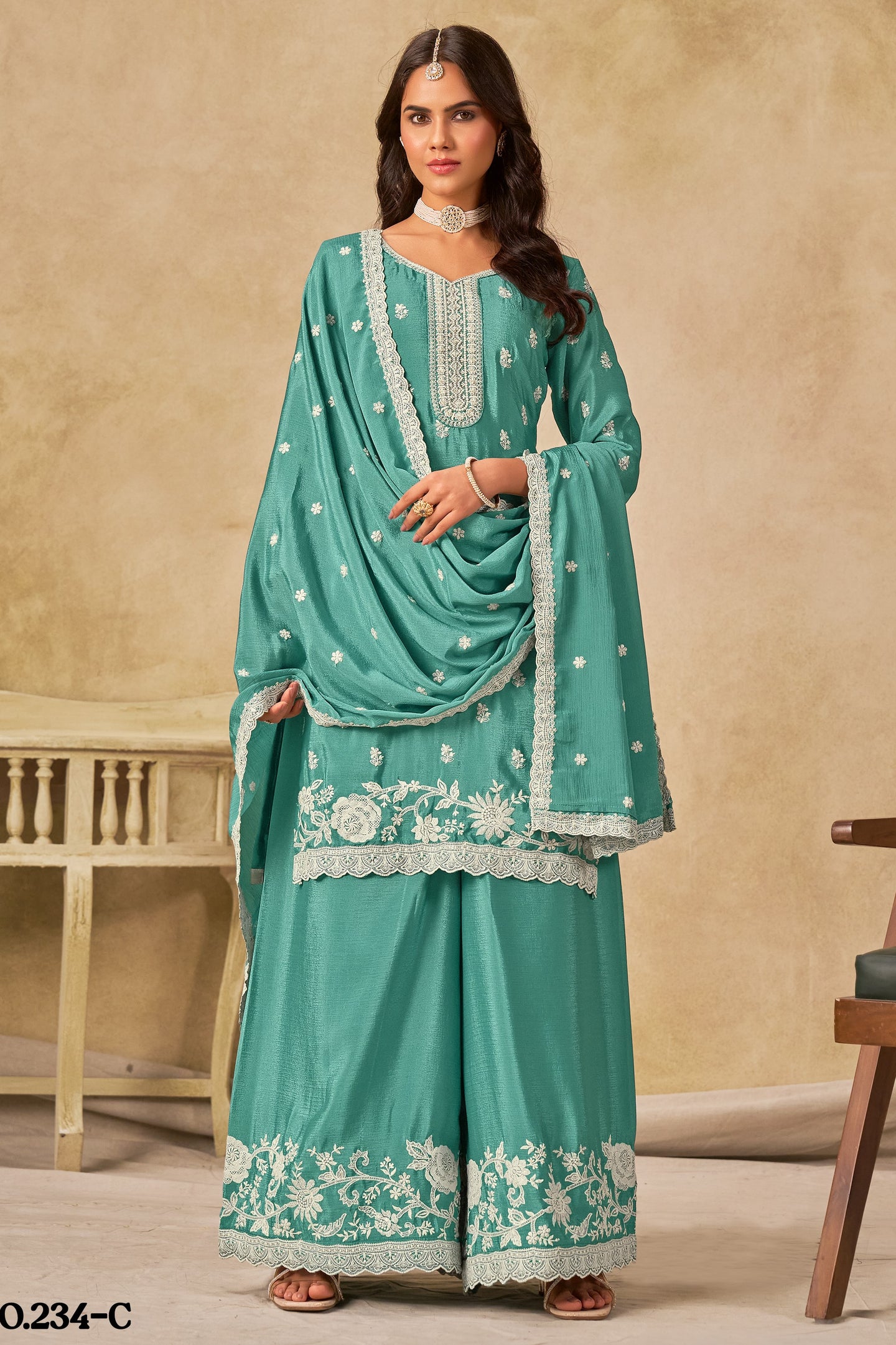 Rama Chinon Silk Wedding Plazo Dress for Women with Thread Embroidery